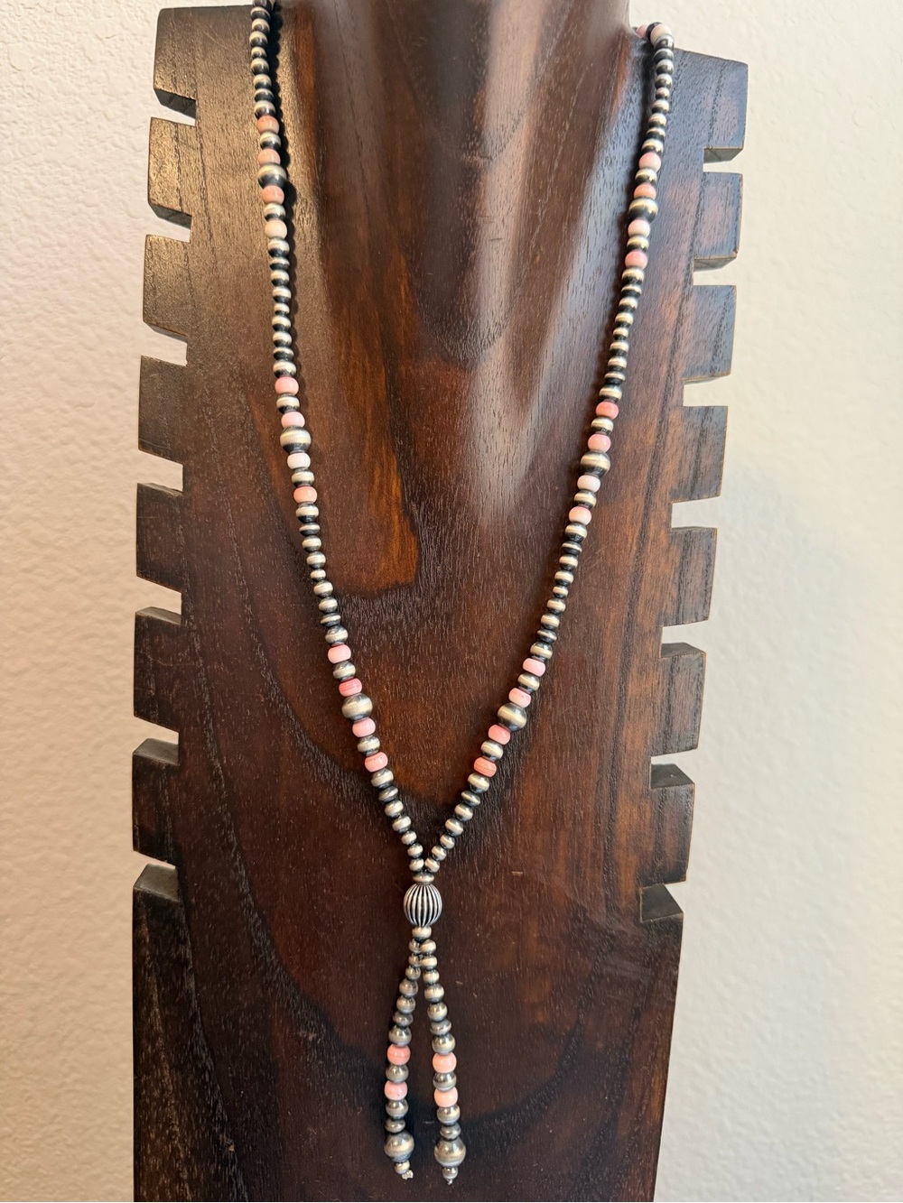 Sterling silver pink conch bead necklace 32 inch